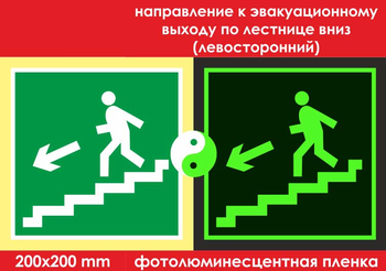 E14 направление к эвакуационному выходу по лестнице вниз (левосторонний) (ГОСТ 34428-2018,фотолюминесцентная пленка, 200х200 мм) - Знаки безопасности - Фотолюминесцентные знаки - ohrana.inoy.org